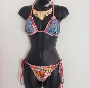 REVOLVE Agua Bendita hand beaded embroidered boho bikini blue pink